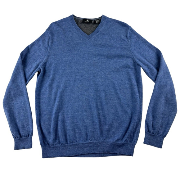 Men's Calvin Klein Extra Fine Merino Wool Blue Knit V Neck Sweater Size Large - Picture 1 of 6